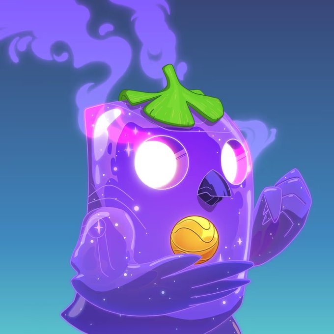 Illustration of a cute purple character resembling a jam jar or potion bottle with glowing white eyes, holding a golden coin.