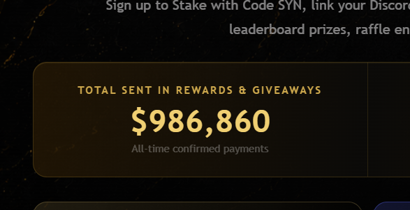 A graphic displays 'TOTAL SENT IN REWARDS & GIVEAWAYS $986,860' with the text 'All-time confirmed payments' below, promoting sign-ups to Stake with code SYN.