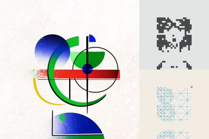 An abstract geometric artwork featuring intersecting circles in blue, green, red, and yellow on the left, and pixelated and triangular line patterns on the right.