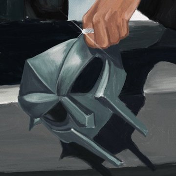 A painting showing a hand holding a metallic, geometric mask resembling a stylized bat or superhero mask over a gray surface.