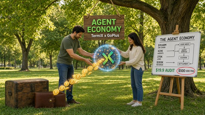 An 'Agent Economy' promotional graphic for Termix x GoPlus showing a man and woman holding a glowing green 'X' coin with gold coins flowing from a treasure chest, alongside an easel diagram listing $19.64M on-chain metrics, $19.9 AUDIT, and a $500 USD POOL.