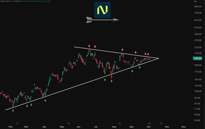 A financial candlestick chart of Nedbank Group Ltd showing a symmetrical triangle pattern with price levels ranging up to 850 ZAR.