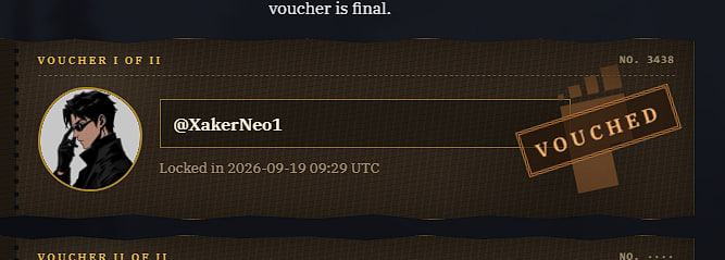 A digital voucher displaying the username '@XakerNeo1', labeled 'VOUCHER 1 OF 11', 'VOUCHED', and 'Locked in 2026-09-19 09:29 UTC', with an anime-style avatar.