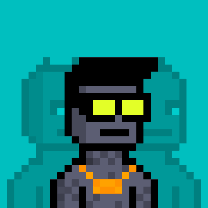 A pixel art robot character with dark skin, neon green rectangular eyes, and orange collar accents stands centered against a teal background, accompanied by a faint blue outline of a similar figure behind it. The NFT-style portrait visually represents a digital collectible, fitting the poster's introduction to the NFT space and their playful request for bangers from "@bangerbots."