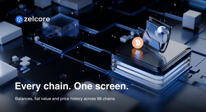 A promotional graphic for 'zelcore' cryptocurrency wallet displaying 'Every chain. One screen.' with text noting 'Balances, fiat value and price history across 98 chains.', featuring a smartphone displaying Bitcoin.
