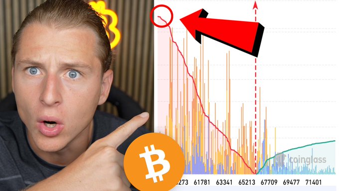 A man with a concerned expression points at a Bitcoin chart showing a sharp price drop, as indicated by a red arrow and circle highlighting the initial downtrend. The image illustrates the post's warning about Bitcoin trapping everyone.