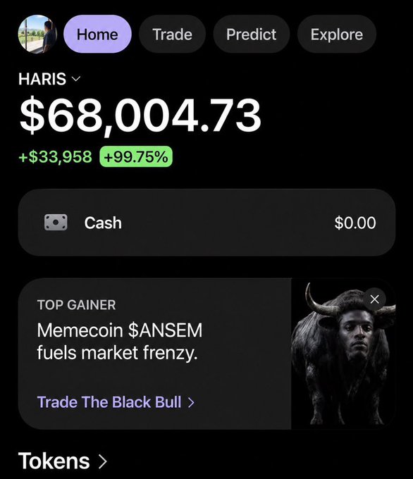 A screenshot of a crypto portfolio dashboard shows a balance of $68,004.73 with a +99.75% gain, alongside navigation tabs (Home, Trade, Predict, Explore) and a featured promotion for "Memecoin $ANSEM." The image supports the post by showcasing the account's impressive trading returns, lending credibility to the $SOL airdrop giveaway promotion from @Crypto__Haris.