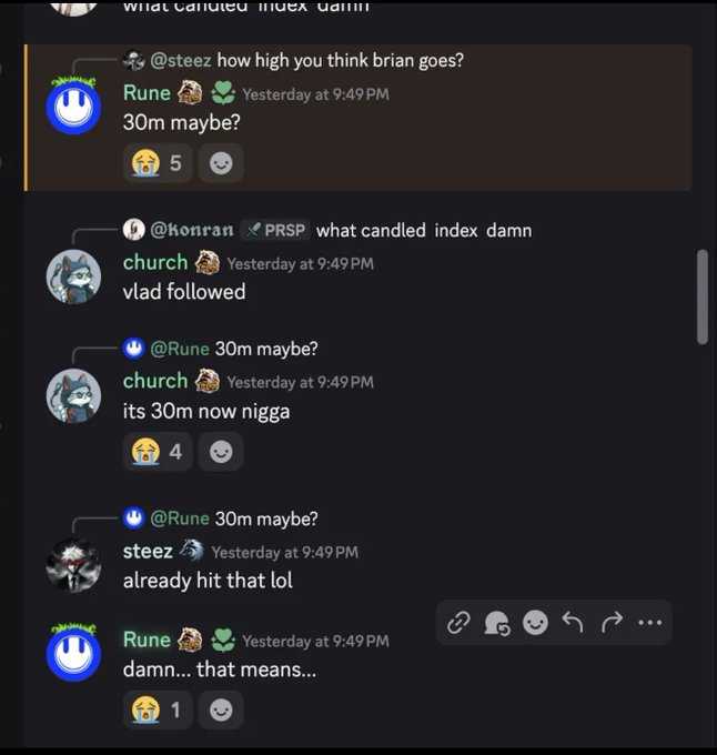 A Discord chat where users discuss the price movement of $BRIAN, with Rune suggesting "30m maybe?" as a target before steez notes it "already hit that lol," prompting Rune to react with "damn... that means..." — visualizing the moment the group realized the predicted price target had already been reached, aligning with the post calling a bottom at 7.5m.