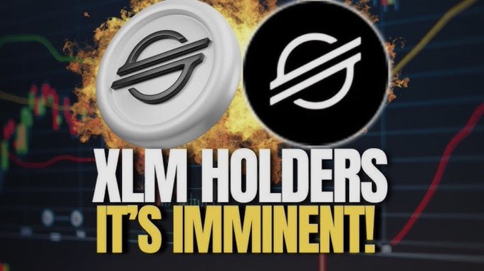 YouTube thumbnail showing the Stellar (XLM) cryptocurrency coin surrounded by flames, with bold text reading 'XLM HOLDERS IT'S IMMINENT!' over a trading chart background.