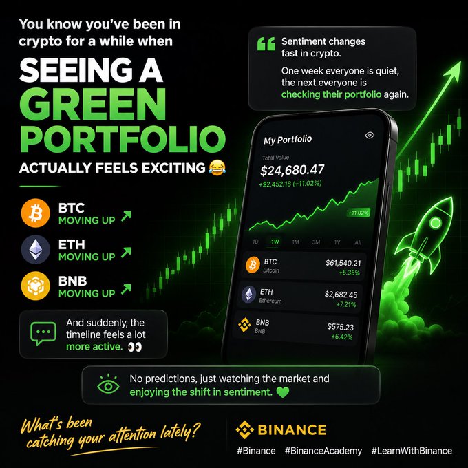 Binance promotional graphic with the text 'You know you've been in crypto for a while when SEEING A GREEN PORTFOLIO ACTUALLY FEELS EXCITING', showing BTC, ETH, and BNB prices moving up with a green chart.