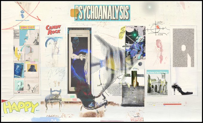 A mixed-media collage artwork featuring the word 'PSYCHOANALYSIS' prominently at the top, along with various cut-out images, handwritten notes, and text fragments including 'CANDY ROCK' and 'HAPPY'.
