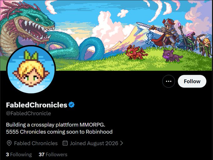 A Twitter/X profile for 'FabledChronicles' (@FabledChronicle) featuring pixel art of a blonde character and artwork of heroes facing a dragon, describing the account as 'Building a crossplay platform MMORPG, 5555 Chronicles coming soon to Robinhood'.