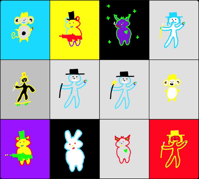 A 3x4 grid of colorful cartoon character illustrations featuring simple figures like monkeys, top-hat-wearing characters, rabbits, and cats in vibrant pop-art style against various background colors.