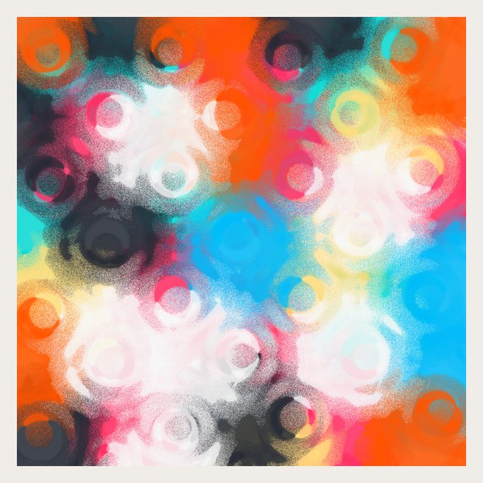 An abstract colorful painting or digital artwork displays overlapping circles and soft brushstrokes in vibrant shades of orange, pink, white, blue, and gray.