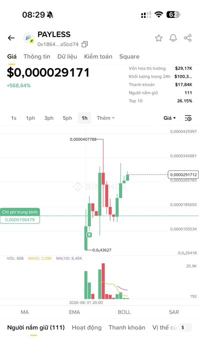 A screenshot of a cryptocurrency tracking app displaying the $PAYLESS token (contract address 0x1864...a5bd74) chart, showing a price of $0.000029171 with a +568.64% gain, market cap of $29.17K, and 111 holders, which corresponds to the post celebrating the user's purchase of the token at 15k.