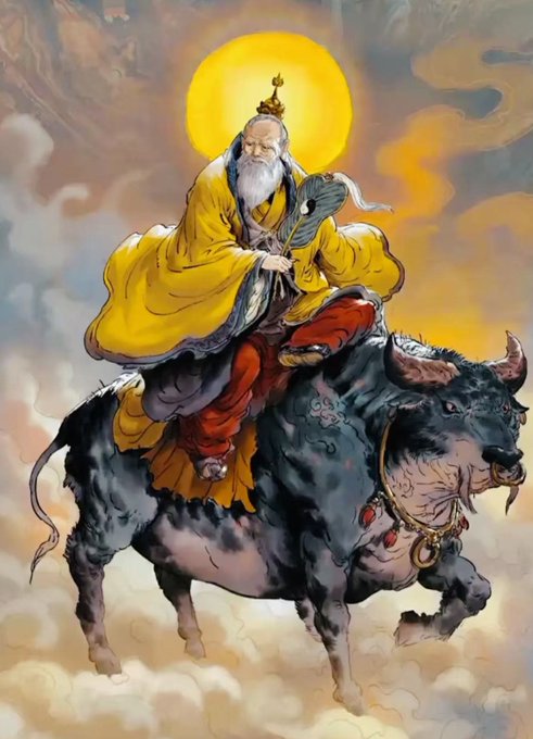 A digital painting depicting an elderly bearded figure in traditional yellow robes and a crown, riding a large black water buffalo through clouds, with a bright yellow sun or moon behind them.