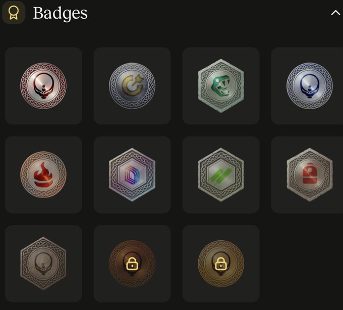 A 'Badges' screen displaying a grid of 11 achievement icons, including circular and hexagonal designs with various symbols and two locked padlock icons.