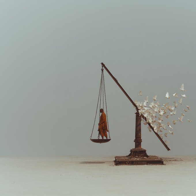 A surreal artistic photograph of a Buddhist monk in orange robes standing on a hanging scale suspended from a crane, with white doves flying out from where weights would be, set against a minimal pale background.