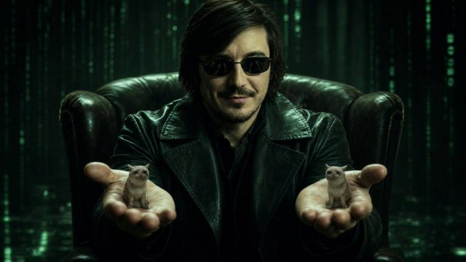A man in a Matrix-style digital rain backdrop, wearing dark sunglasses and a leather trench coat, presents two small kittens in his outstretched palms—evoking a smug, all-knowing oracle vibe. The image humorously frames the listed "bullish catalysts" as definitive truths handed down from a trench-coat prophet who sees the meme rally coming while everyone else is "coping."