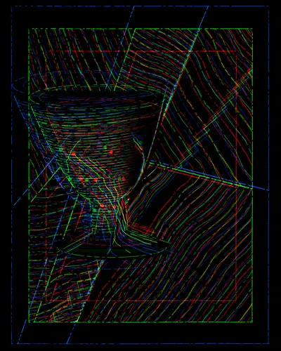 An abstract digital artwork with colorful neon lines in red, green, blue, and yellow forming distorted geometric shapes against a black background.