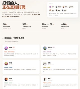 A Chinese-language website interface with the headline '打假的人，正在互相互打假' (roughly 'Anti-fake people are now faking each other'), displaying statistics like 60+, 599+, 10w-5k+, and ≈20 alongside user profile cards.
