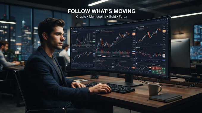 A man in a dark suit sits at a desk in front of multiple monitors displaying financial charts, with the text 'FOLLOW WHAT'S MOVING' and 'Crypto • Memecoins • Gold • Forex' above him.