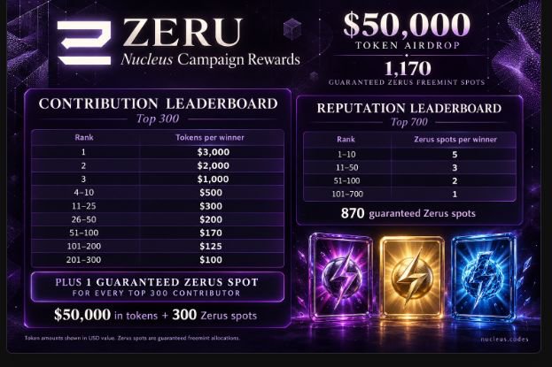 A purple-themed 'ZERU Nucleus Campaign Rewards' infographic detailing a $50,000 token airdrop with Contribution Leaderboard and Reputation Leaderboard tables.