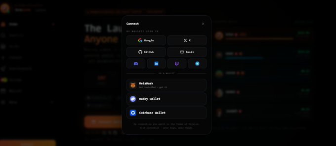 A dark-themed login modal displays options to connect via 'Google', 'X', 'GitHub', 'Email', and several other accounts/wallets including 'Metamask', 'Rabby wallet', and 'Coinbase wallet'.