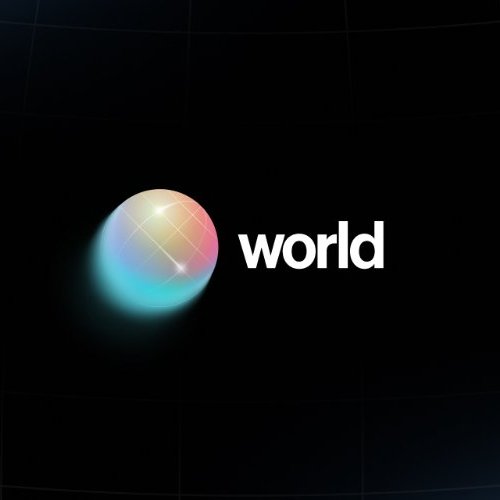 A minimalist dark graphic featuring a glowing iridescent sphere next to the white text 'world'.