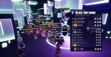 A screenshot from a video game showing a leaderboard for '100 KILL - TOXIC CHAINS' with various player names and scores, with characters visible in the background on a neon-lit stage.