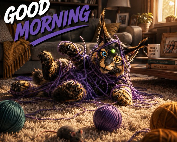 An AI-generated 'Good Morning' image of a wide-eyed cat tangled in purple yarn with balls of yarn scattered around a cozy living room setting.
