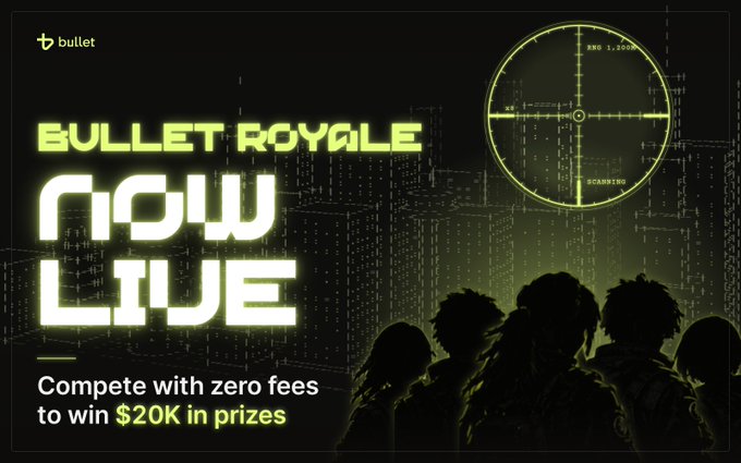 A neon-green promotional graphic for Bullet Royale’s “Zero Fee Trading Competition,” featuring a futuristic city skyline, silhouetted players, and a radar-style scope. The text reads “BULLET ROYALE NOW LIVE” and “Compete with zero fees to win $20K in prizes,” aligning with the announcement of the live competition offering $10K in USDC rewards each week.