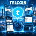 Promotional graphic for TELCOIN featuring the company logo centered between mobile phone screens displaying app interfaces and cryptocurrency graphics.
