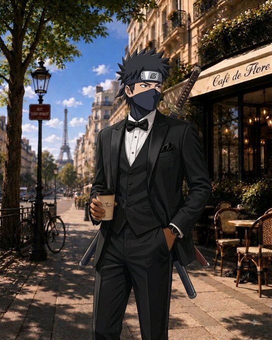 An anime-style illustration of a ninja-like character in a formal black tuxedo holding a coffee cup on a Parisian street, with the Eiffel Tower visible in the background and a sword strapped to his back.