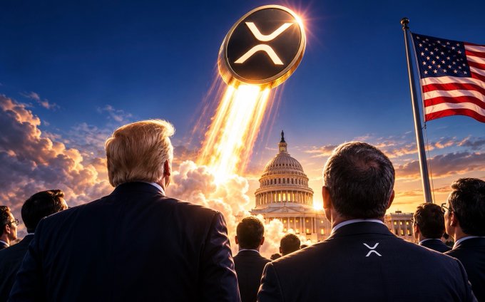 A group of officials, including one resembling Donald Trump, watch as a rocket emblazoned with the XRP logo launches skyward above the U.S. Capitol, with an American flag waving in the background. The image visually represents the post's message about XRP's momentum following Trump's meeting with Ripple CEO Brad Garlinghouse, symbolizing the anticipated breakout once the CLARITY Act passes.