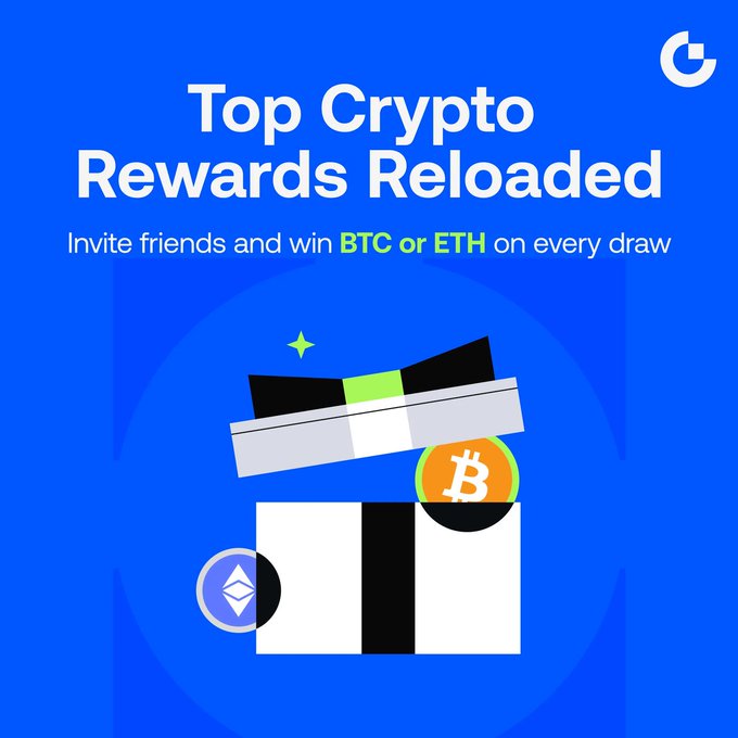 A promotional graphic with a blue background displays the headline "Top Crypto Rewards Reloaded" and the subheading "Invite friends and win BTC or ETH on every draw," featuring an illustration of an open white gift box revealing Bitcoin (orange) and Ethereum (blue) tokens, which visually aligns with the accompanying post inviting users to join a referral program for crypto rewards up to $5,000 per draw.