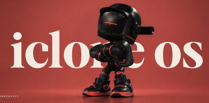 A small black robot figure with red accents stands against a red background with the large white text 'iclone os' behind it and 'OWNERSHIP' in the corner.