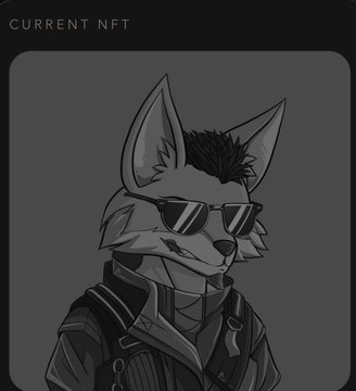 A grayscale NFT illustration of a wolf character wearing sunglasses and a leather jacket, labeled 'CURRENT NFT' at the top.