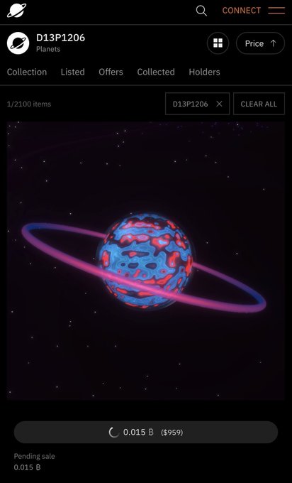 A mobile app screenshot of the 'D13P1206' collection under the 'Planets' tab, displaying a blue and red spotted planet with a purple ring, listed for 0.015 B ($959) as a pending sale.