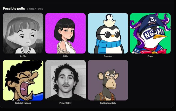 A 'Possible pulls' grid displaying 7 NFT creator avatars labeled Azflin, Cillin, Damien, Fogo, Gabriel Haines, ProofOfEliy, and Rahim Mahtab.