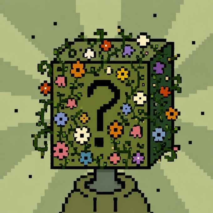 A pixel art illustration depicts a green computer monitor overgrown with vines and colorful flowers, displaying a large black question mark on its screen.