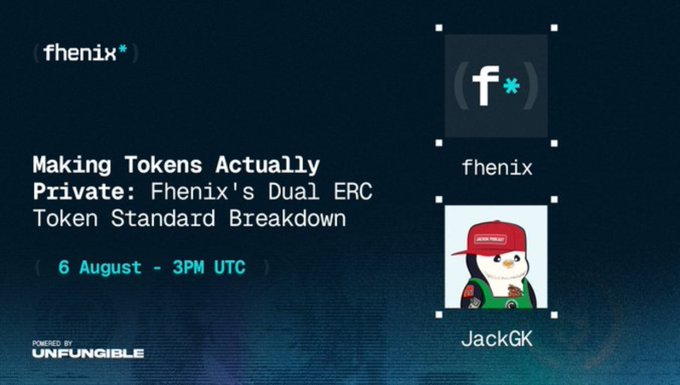 The image is a promotional graphic for a Fhenix webinar titled "Making Tokens Actually Private: Fhenix's Dual ERC Token Standard Breakdown," scheduled for 6 August at 3PM UTC, featuring speaker JackGK and powered by Unfungible.

The graphic visually supports the post by highlighting Fhenix's focus on privacy solutions for institutional adoption, specifically addressing how their dual ERC token standard tackles transparency barriers for regulated finance use cases like RWAs.