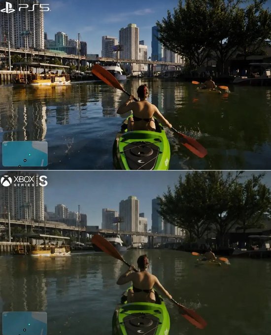 A side-by-side PS5 vs. Xbox Series S graphics comparison showing a woman kayaking through a city harbor with skyscrapers in the background.
