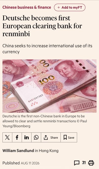 This image shows a news article about Deutsche Bank becoming the first European clearing bank for renminbi, featuring a stack of Chinese 100 renminbi banknotes. This relates to the post by highlighting the growing international use of China's currency, potentially impacting global financial dynamics discussed in the post.