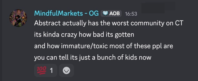 A screenshot of a meme posted by the Abstract community on Twitter with the caption "No, mate - Abstract has one of the best communities on CT He just didn't like my post, which was actually written in a pretty complimentary way Absolutely, I love abstract." The image is colored a greenish-brown and is accompanied by an emojis.