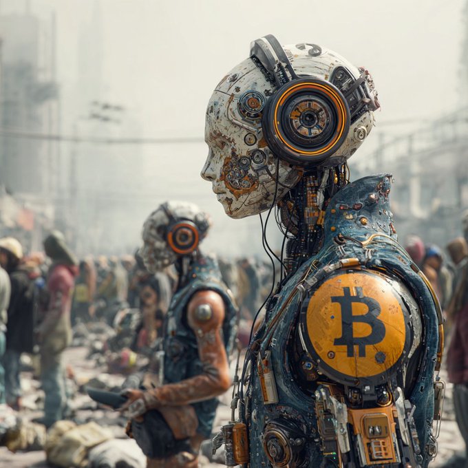 A post-apocalyptic style digital artwork showing a damaged robotic figure with a Bitcoin (₿) symbol on its shoulder, standing in a desolate wasteland with other figures in the background.