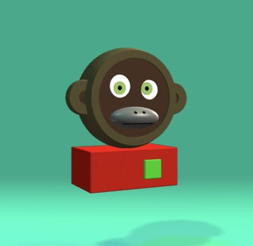 A 3D-rendered cartoon monkey head with green eyes sits atop a red box with a green square detail, representing the "OCM Dimensions" piece from the OnChainMonkey collection. The stylized primate avatar exemplifies the on-chain generative art style referenced in the post, showcasing the distinctive visual identity of the Bitcoin-based NFT project.