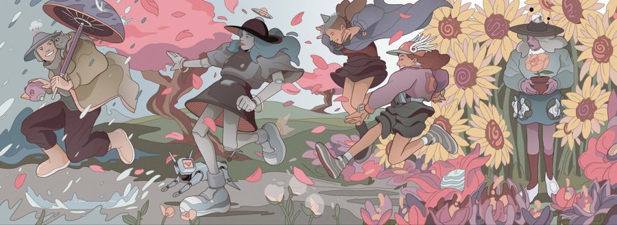 A colorful digital illustration shows several characters running through a whimsical landscape filled with large flowers, pink blossoms, and a small robot.