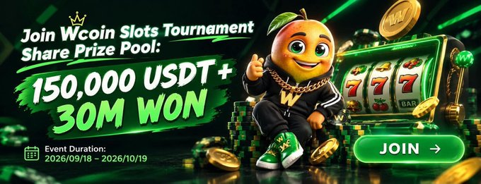 A promotional banner for the Wcoin Slots Tournament featuring a cartoon orange mascot in a tracksuit giving a thumbs-up next to a slot machine displaying triple 7s. The banner highlights a prize pool of "150,000 USDT + 30M WON," with event dates "2026/09/18 - 2026/10/19," and a "JOIN" button, encouraging players to secure their rank before the tournament concludes during tomorrow's Double Points Saturday.