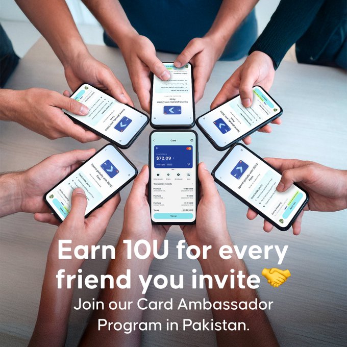 The image shows a group of people holding up their cell phones with text displayed on them, including an advertisement for a rewards program called "Bitget Wallet Card Ambassador Program - Pakistan Exclusive Invite users to open a Bitget Wallet Card and earn up to 10 USDT per successful referral!". The text encourages the viewers to join this program by inviting them to become a card ambassador.